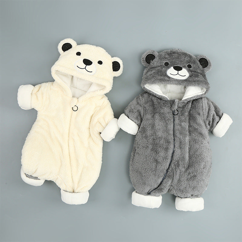Beige and grey bear rompers side by side
