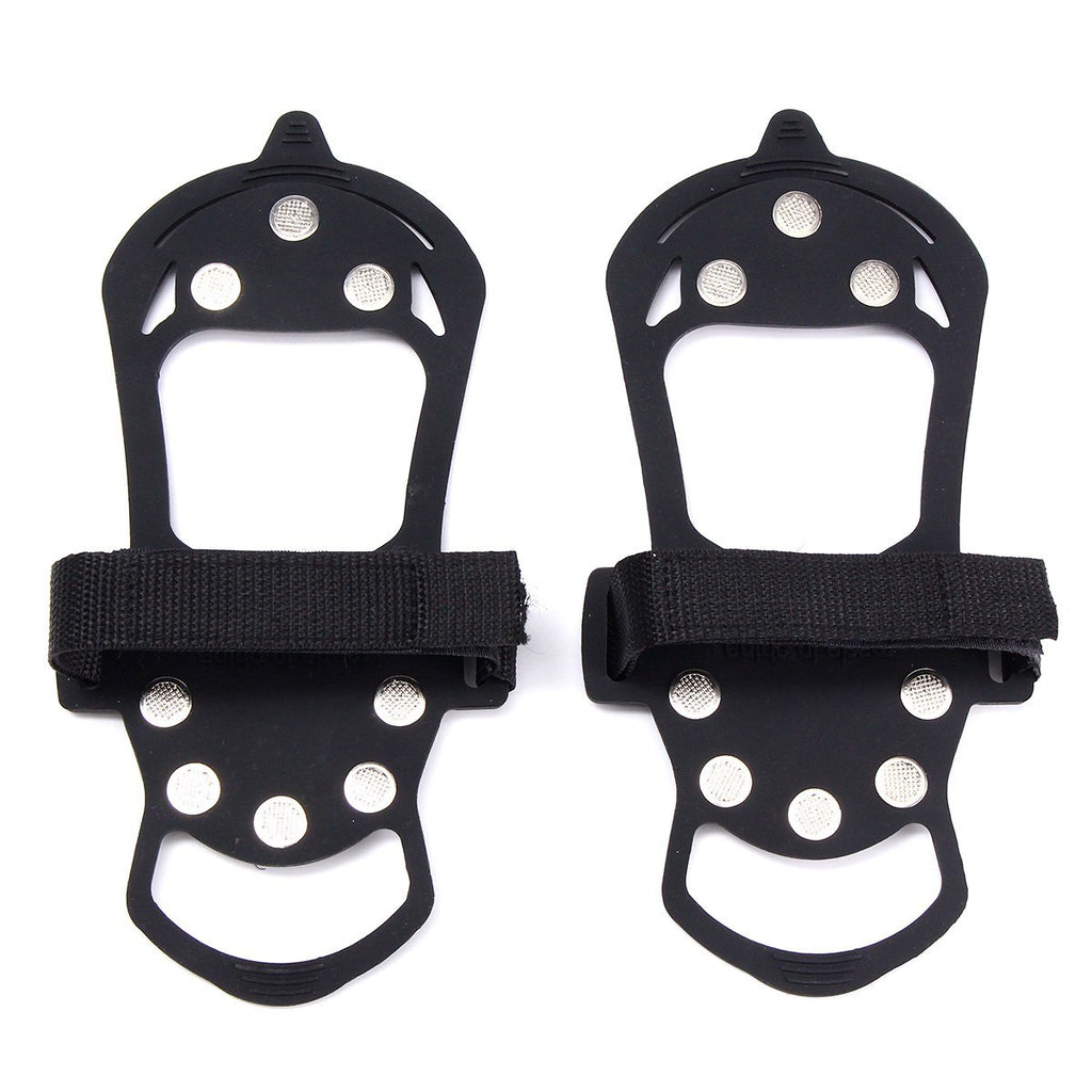 Pair of black 10-stud ice cleats, top view