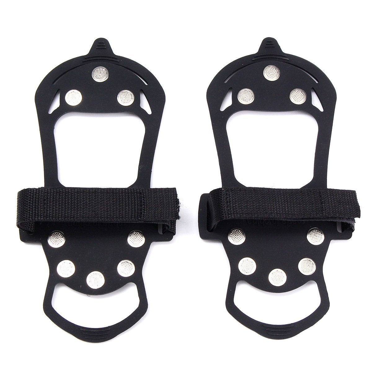 Pair of black 10-stud ice cleats, top view