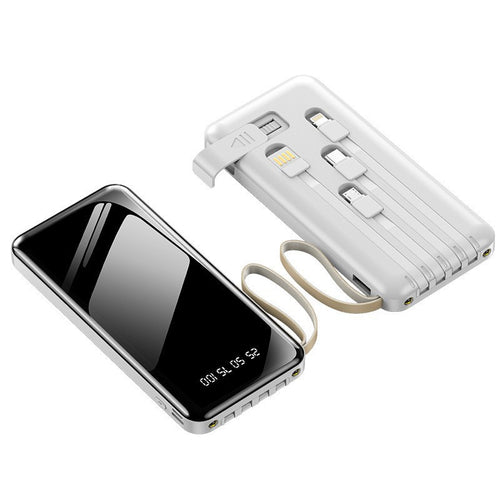 Portable power bank built-in cable connectors close-up