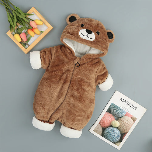 Brown baby bear hooded fleece romper