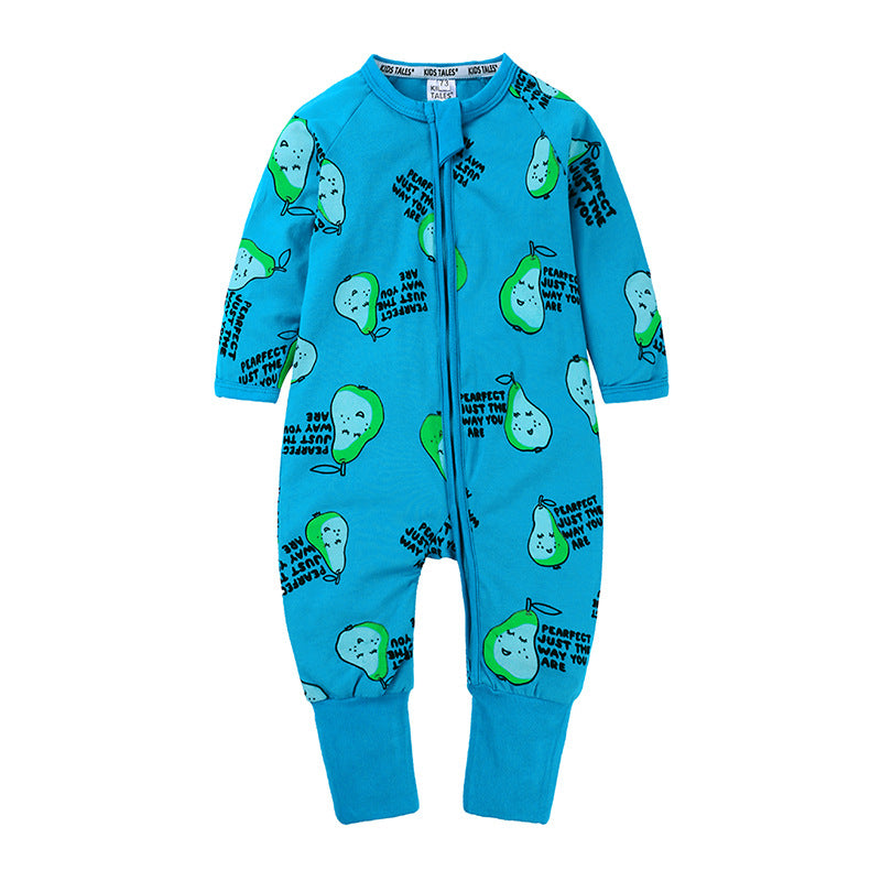 Teal pear print zip-up baby romper