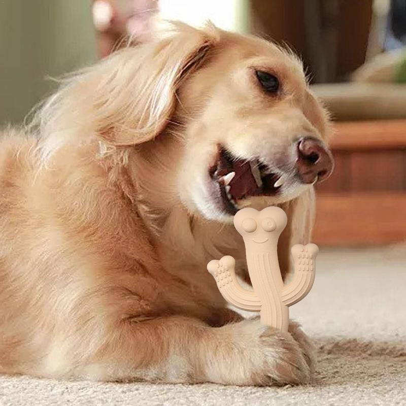 Dog chewing the beige cactus toy