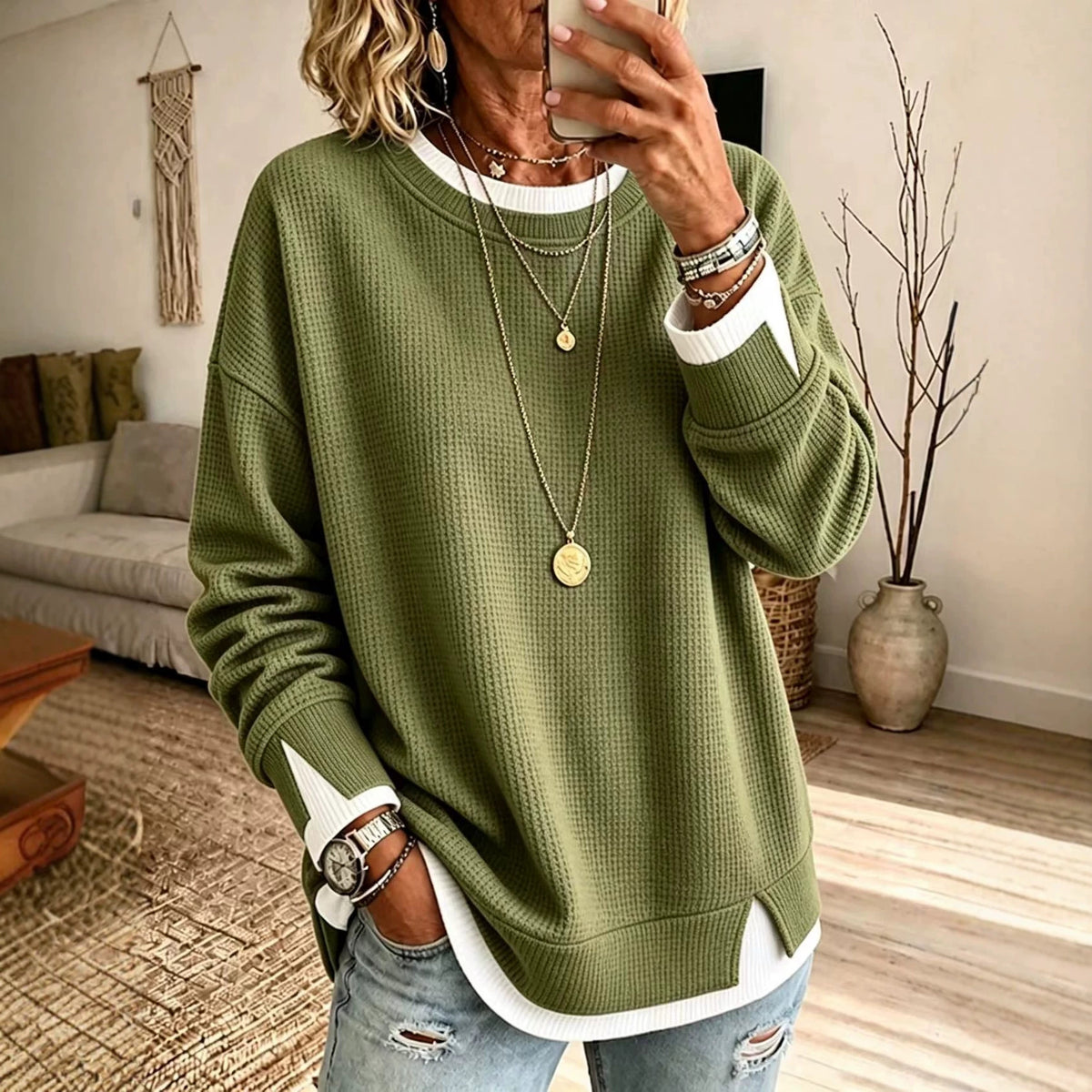 Women's Waffle-Knit Crew Neck Sweatshirt - view 7