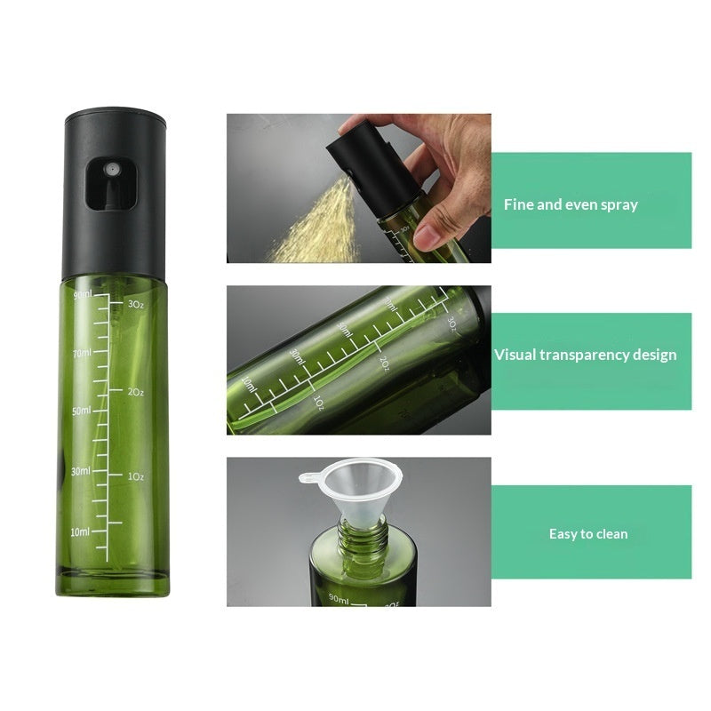 Olive oil spray bottle scale marks on green glass