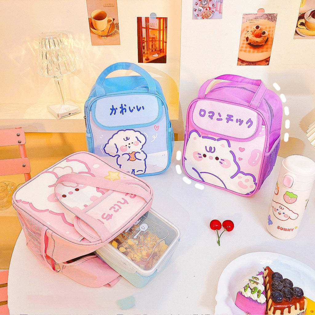 Cute insulated kawaii lunch bags in blue, purple and pink