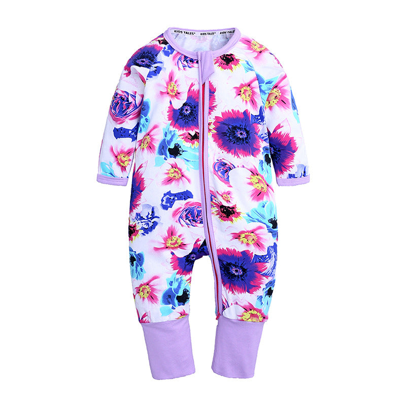 Purple floral zip-up baby romper