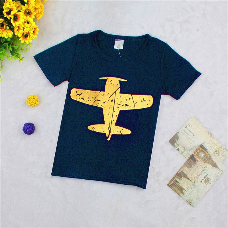 Navy kids' T-shirt with golden airplane print