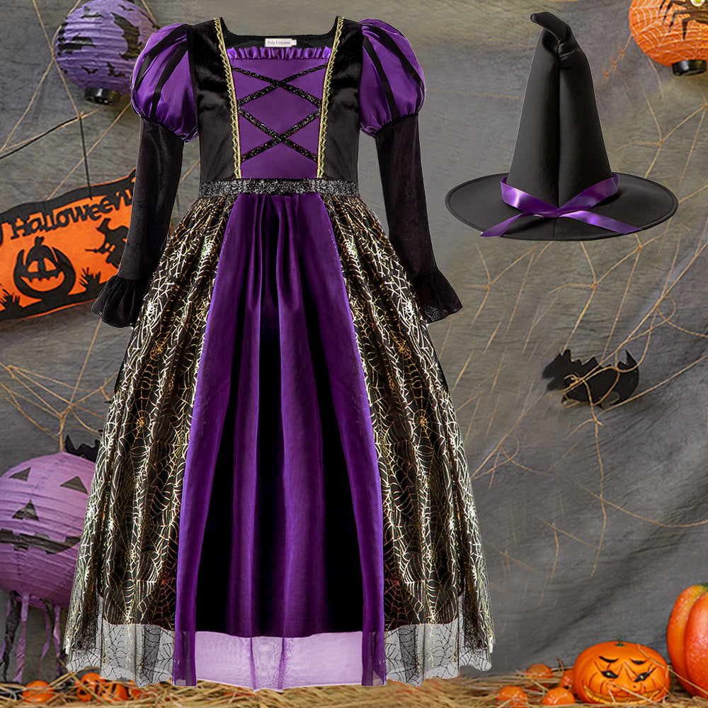Kids' purple witch costume dress with hat – view 2