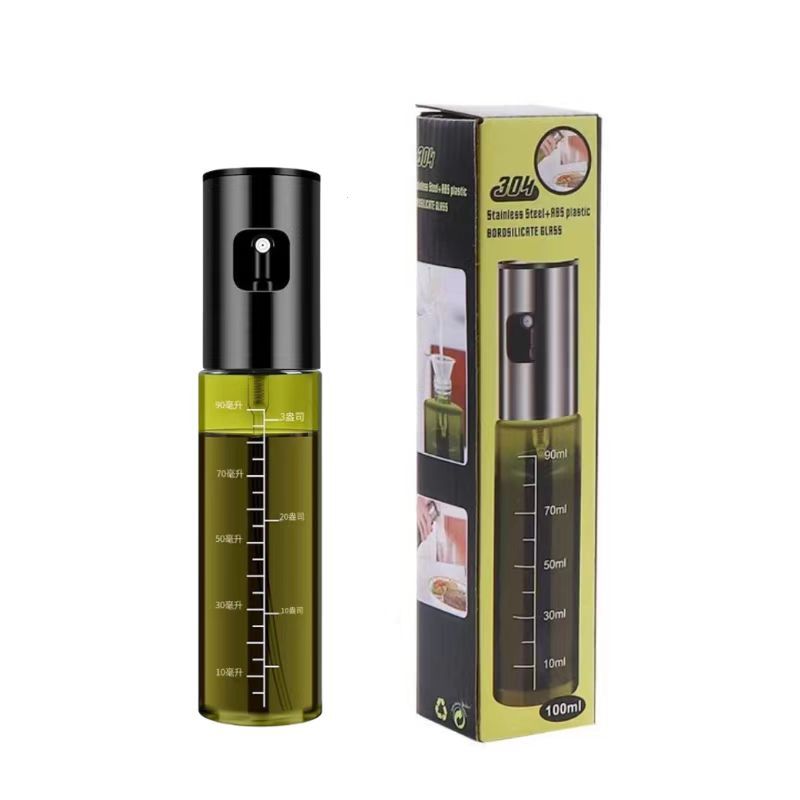 Black-lid olive oil spray bottle, empty glass