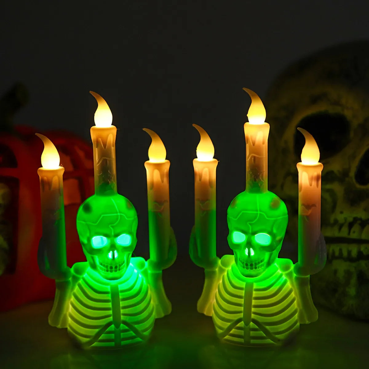 Halloween skull candlestick with glowing LED electronic candle