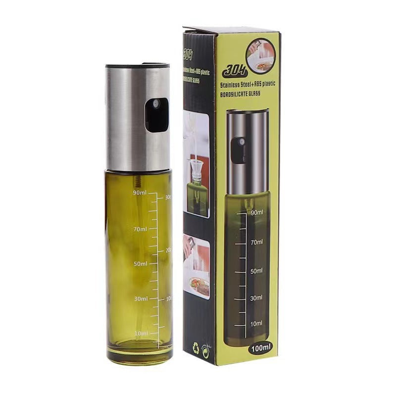 Silver-lid olive oil spray bottle, empty glass