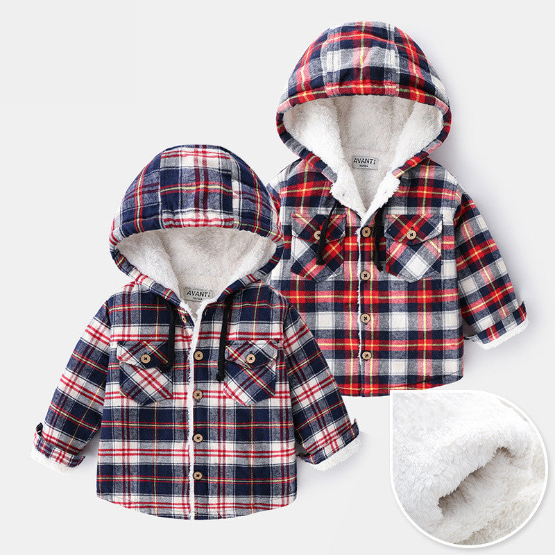 Boys' plaid hooded shirt jacket – view 1