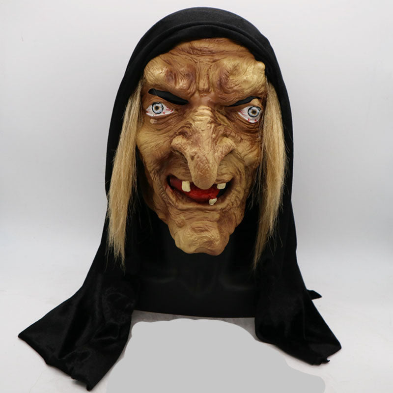 Scary witch Halloween mask with black hood – view 1