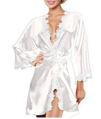 Satin robe and lace trim nightdress set displayed together