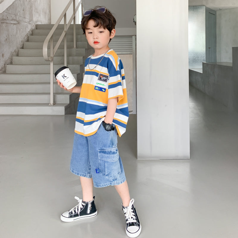 Boys' Striped T-Shirt and Denim Shorts Set - view 2
