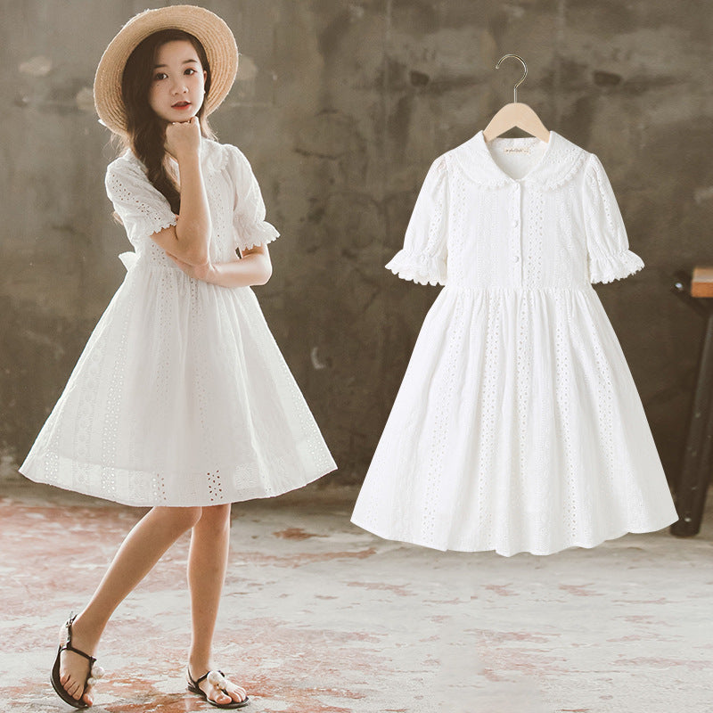 Girls' White Cotton Dress with Peter Pan Collar - view 2