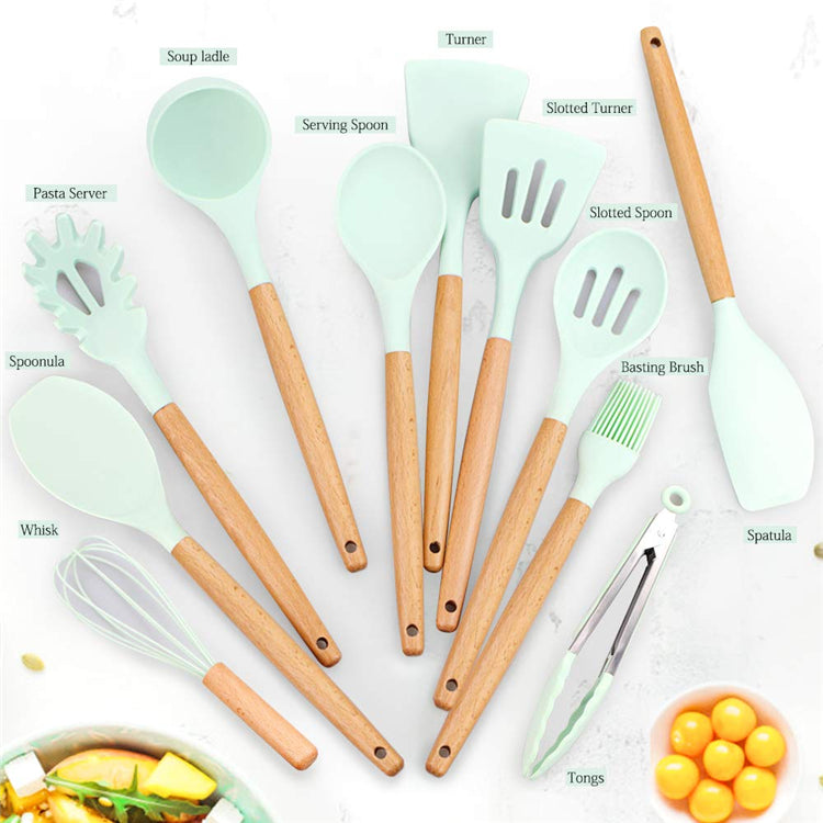 Silicone Kitchen Utensil Set with Wooden Handles, 11 Pieces