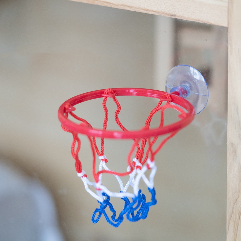 Close-up of the mini basketball hoop and net