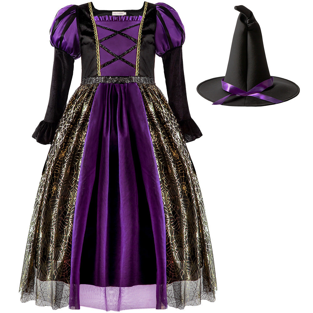 Kids' purple witch costume dress with hat – view 1
