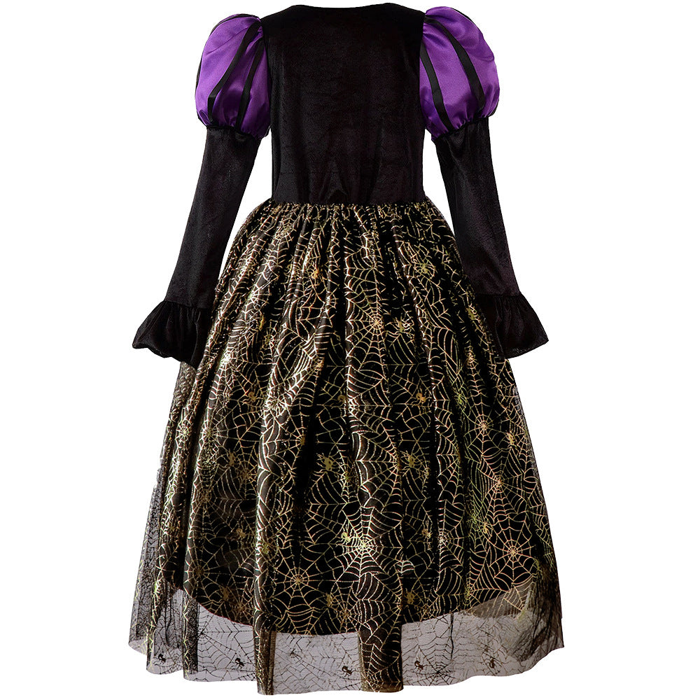 Kids' purple witch costume dress with hat – view 4