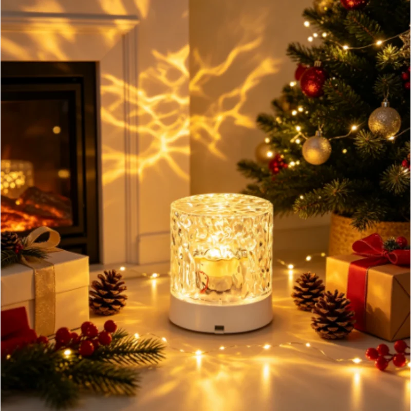 Crystal LED water ripple night light projecting warm glow on a wall