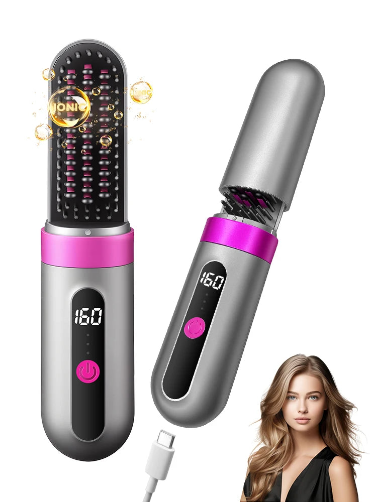 Black mini USB cordless hair straightening comb with charging cable