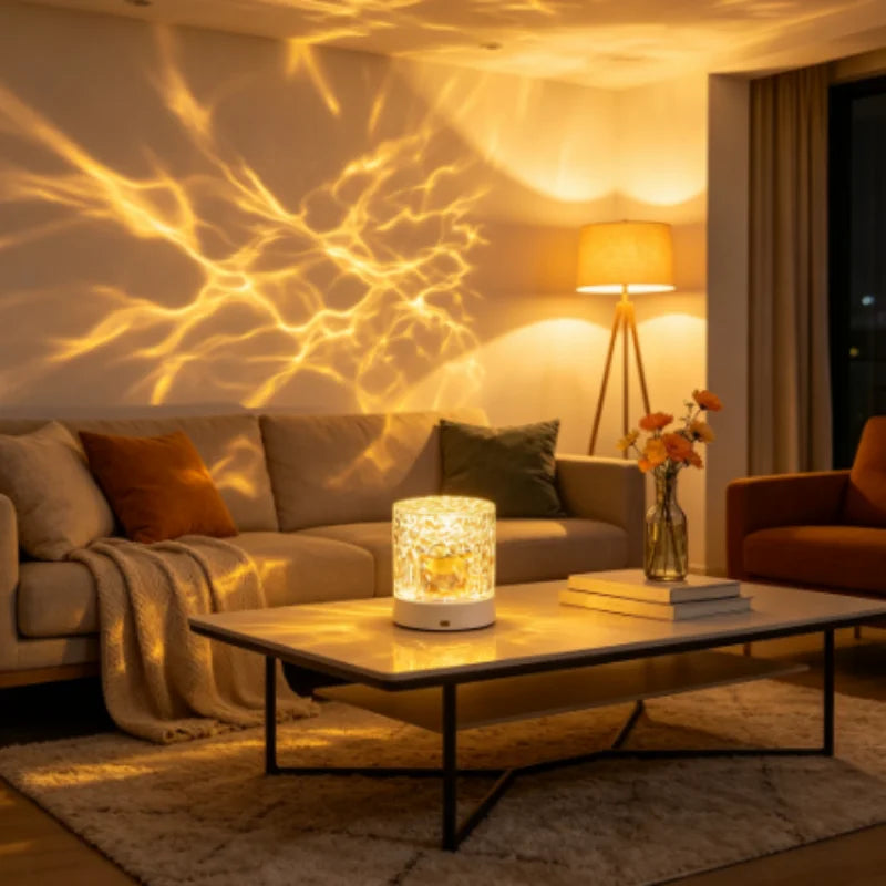 Crystal LED water ripple night light projecting warm glow on a wall
