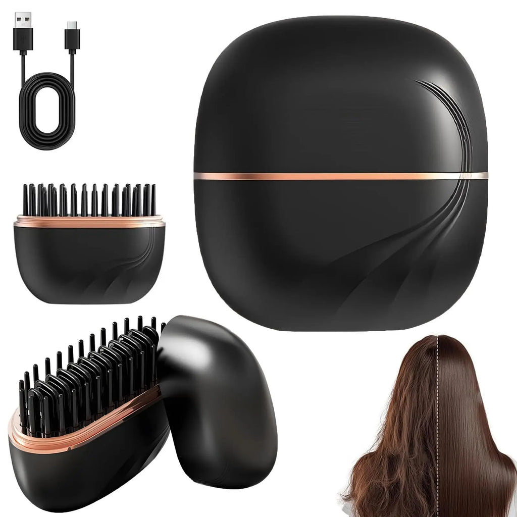 Black mini USB cordless hair straightening comb with charging cable