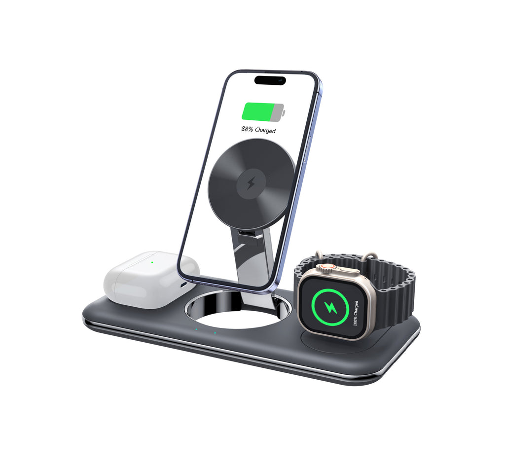 Black 3-in-1 wireless charging stand with phone, watch and earbuds