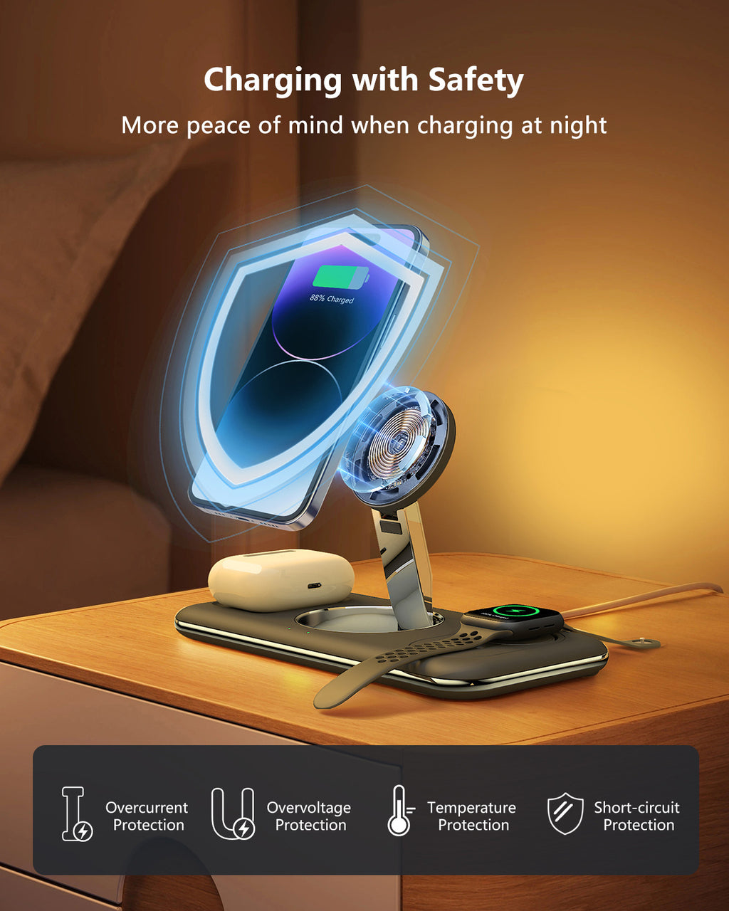 3-in-1 charging stand charging devices at night