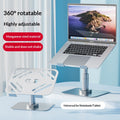 Black foldable rotating laptop stand holding a notebook on a desk