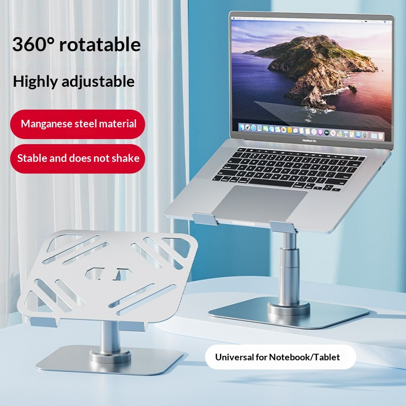 Black foldable rotating laptop stand holding a notebook on a desk