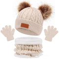 Beige kids' pom-pom hat with matching scarf and gloves