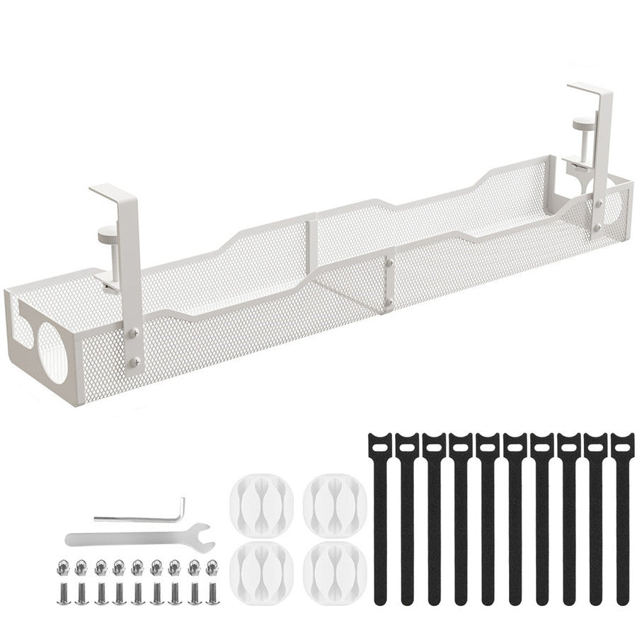White cable management rack with cables coiled inside