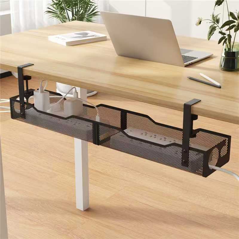 Under-desk cable management tray mounted beneath a desk