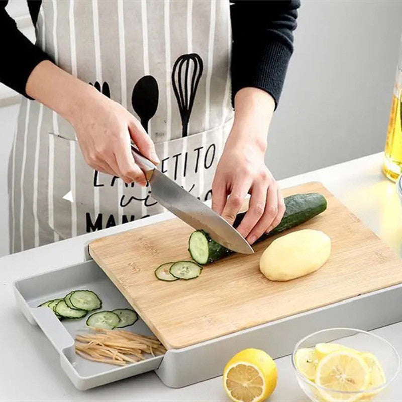 Bamboo cutting board on a kitchen counter