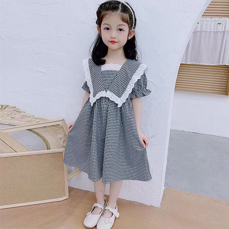 Girls' Cotton Gingham Dress with Lace Collar - view 2