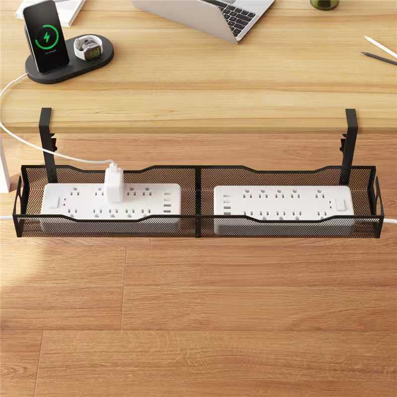 Black under-desk cable tray shown from the side