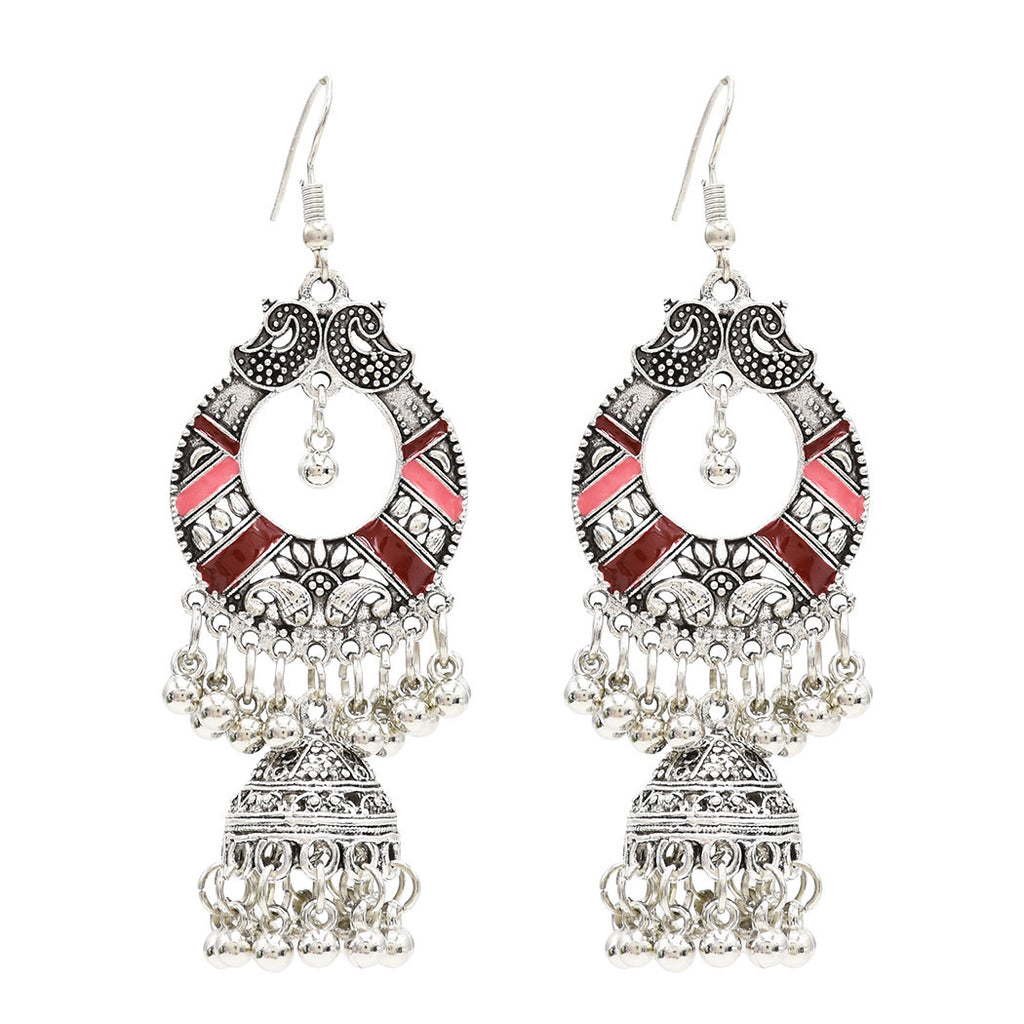 Close-up of oxidized silver-tone jhumka bell