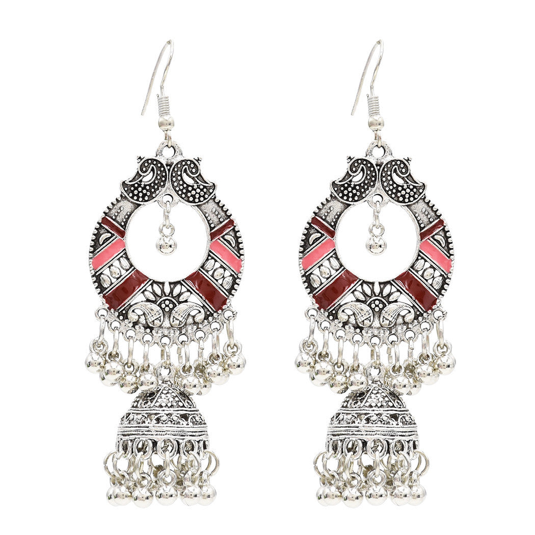 Close-up of oxidized silver-tone jhumka bell