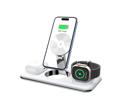 White 3-in-1 wireless charging stand with phone, watch and earbuds