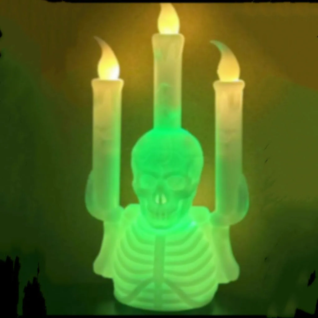 Halloween skull candlestick with glowing LED electronic candle