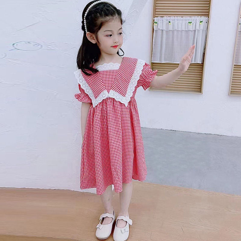 Girls' Cotton Gingham Dress with Lace Collar - view 4
