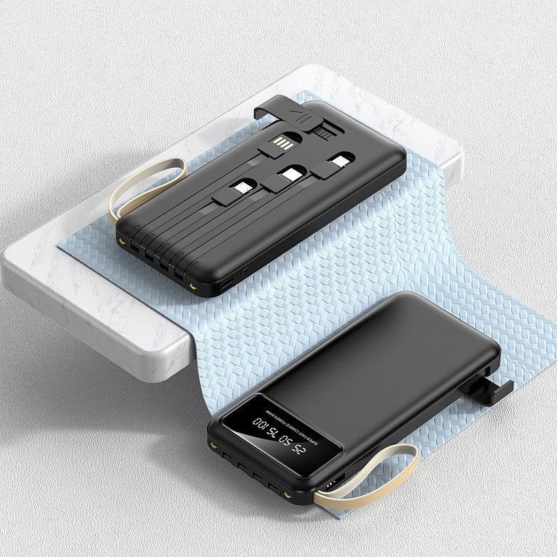 Black 10000mAh portable power bank with built-in cables