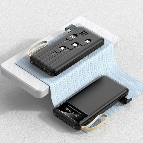 Black 10000mAh portable power bank with built-in cables