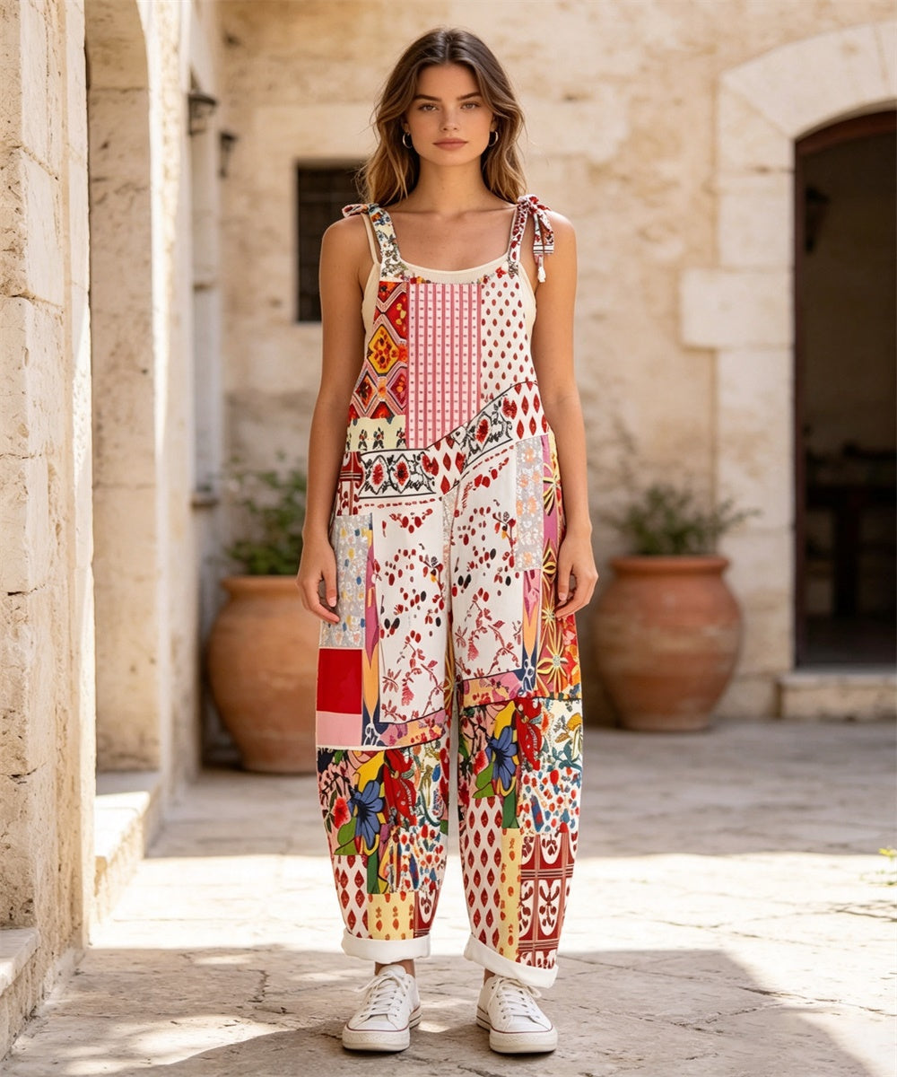 Women's Boho Print Wide-Leg Overalls Jumpsuit