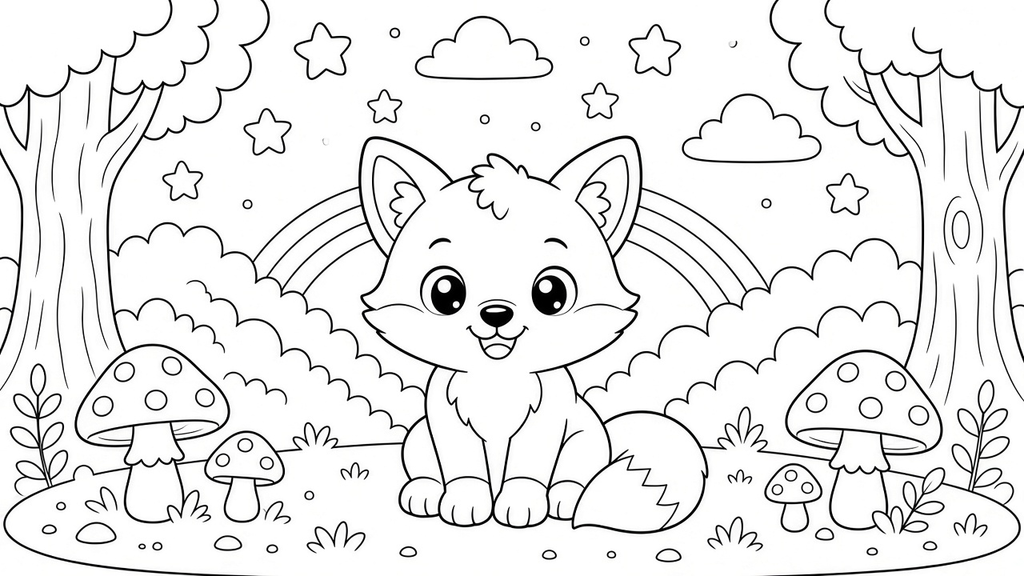 Black and white cartoon fox coloring page with a cute sitting fox in a forest scene with mushrooms, trees, stars, clouds, and a rainbow.