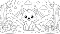 Black and white cartoon fox coloring page with a cute sitting fox in a forest scene with mushrooms, trees, stars, clouds, and a rainbow.