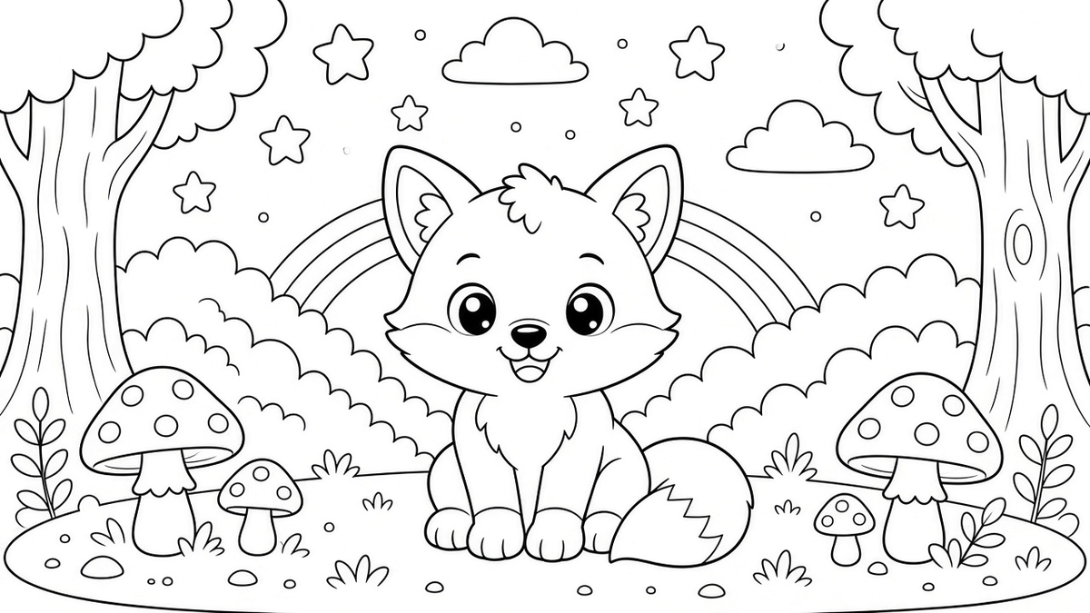 Black and white cartoon fox coloring page with a cute sitting fox in a forest scene with mushrooms, trees, stars, clouds, and a rainbow.